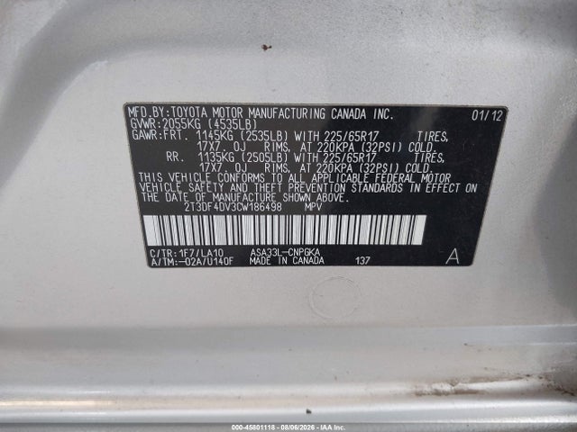 Продажа на аукционе авто 2012 Toyota Rav4 Limited, vin: 2T3DF4DV3CW186498, номер лота: 45801118