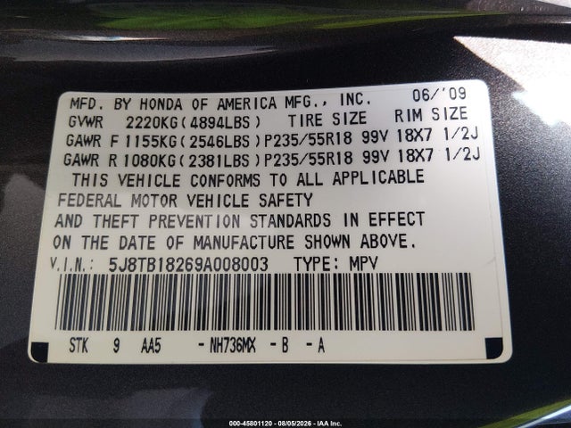 45801120 :رقم المزاد ، 5J8TB18269A008003 vin ، 2009 Acura Rdx مزاد بيع