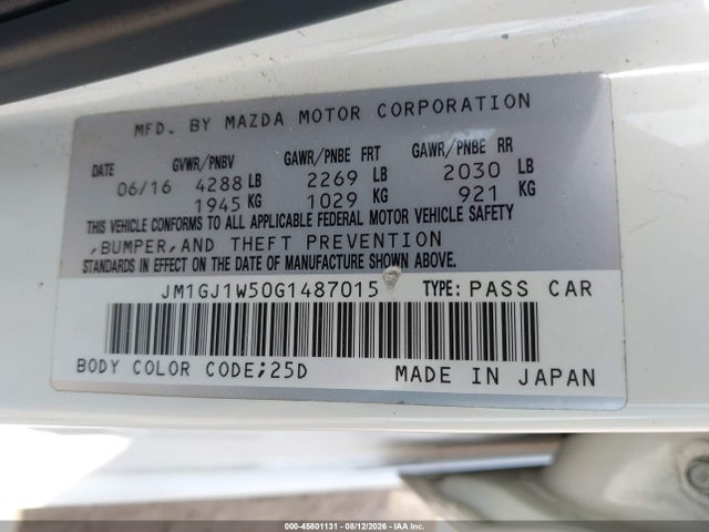 Aukcja sprzedaży 2016 Mazda Mazda6 I Grand Touring, vin: JM1GJ1W50G1487015, numer aukcji: 45801131