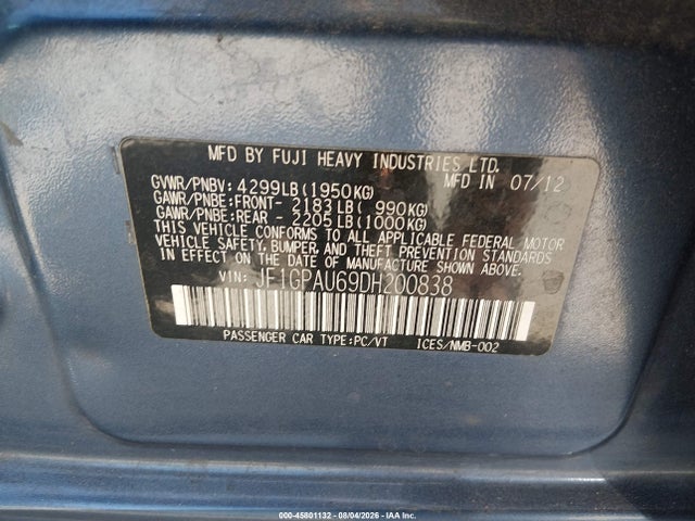 Aukcja sprzedaży 2013 Subaru Impreza 2.0i Sport Limited, vin: JF1GPAU69DH200838, numer aukcji: 45801132