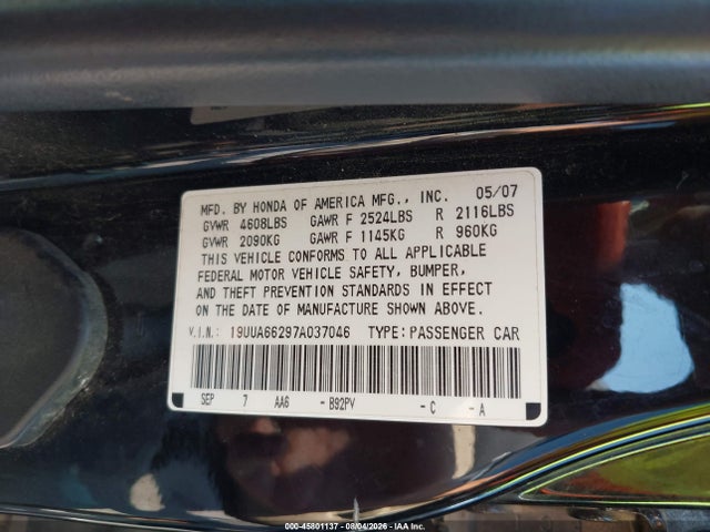 Продаж на аукціоні авто 2007 Acura Tl 3.2, vin: 19UUA66297A037046, номер лоту: 45801137