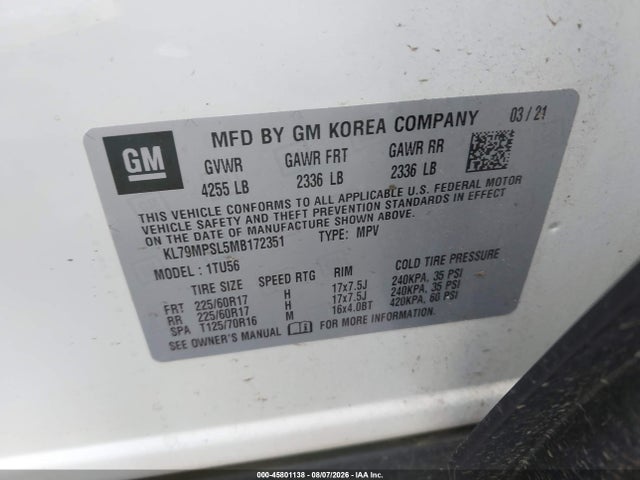 45801138 :رقم المزاد ، KL79MPSL5MB172351 vin ، 2021 Chevrolet Trailblazer Fwd Lt مزاد بيع