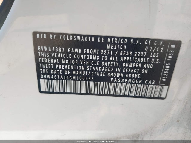 Продажа на аукционе авто 2012 Volkswagen Jetta Gli, vin: 3VW467AJ6CM100635, номер лота: 45801140