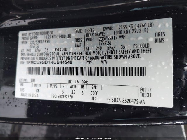 Auction sale of the 2019 Ford Escape Se, vin: 1FMCU9GD1KUB44548, lot number: 45801141