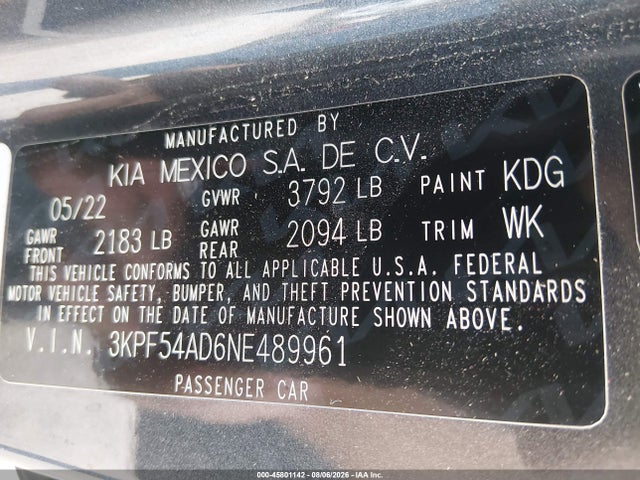 2022 Kia Forte Gt-line მანქანა იყიდება აუქციონზე, vin: 3KPF54AD6NE489961, აუქციონის ნომერი: 45801142