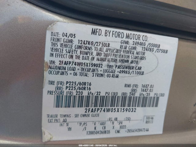 2005 Ford Crown Victoria Lx/lx Sport მანქანა იყიდება აუქციონზე, vin: 2FAFP74W05X159032, აუქციონის ნომერი: 45801145