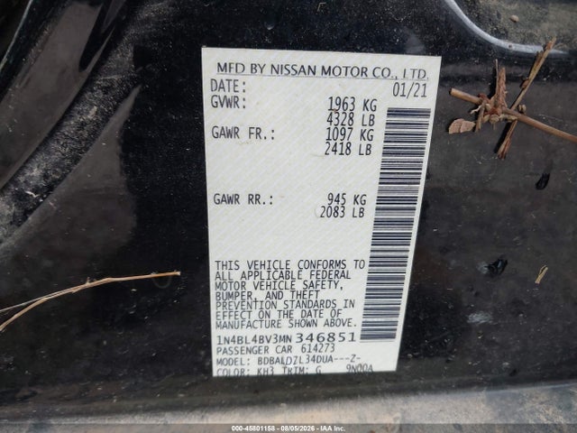 Продажа на аукционе авто 2021 Nissan Altima S Fwd, vin: 1N4BL4BV3MN346851, номер лота: 45801158
