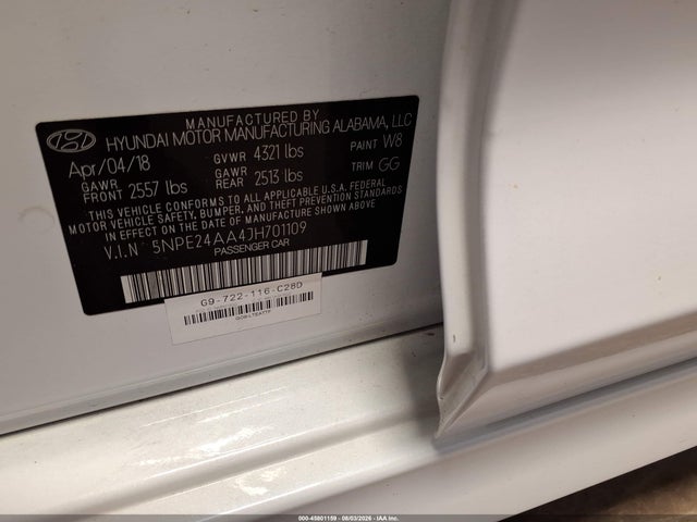 Продажа на аукционе авто 2018 Hyundai Sonata Eco, vin: 5NPE24AA4JH701109, номер лота: 45801159