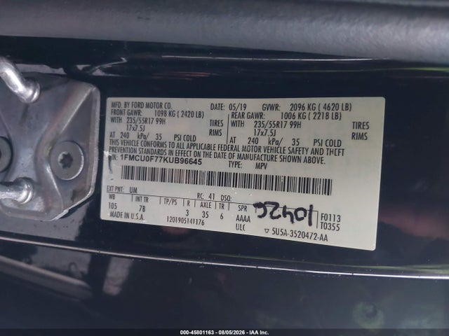 Продажа на аукционе авто 2019 Ford Escape S, vin: 1FMCU0F77KUB96645, номер лота: 45801163