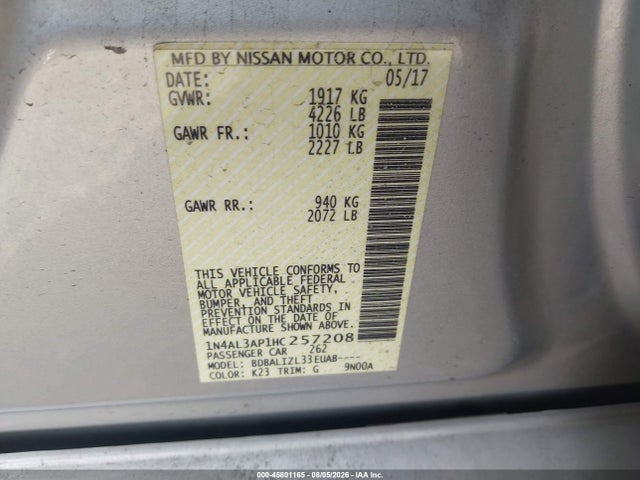 45801165 :رقم المزاد ، 1N4AL3AP1HC257208 vin ، 2017 Nissan Altima 2.5 Sv مزاد بيع