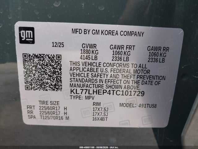 45801169 :رقم المزاد ، KL77LHEP4TC101729 vin ، 2026 Chevrolet Trax Fwd Lt مزاد بيع
