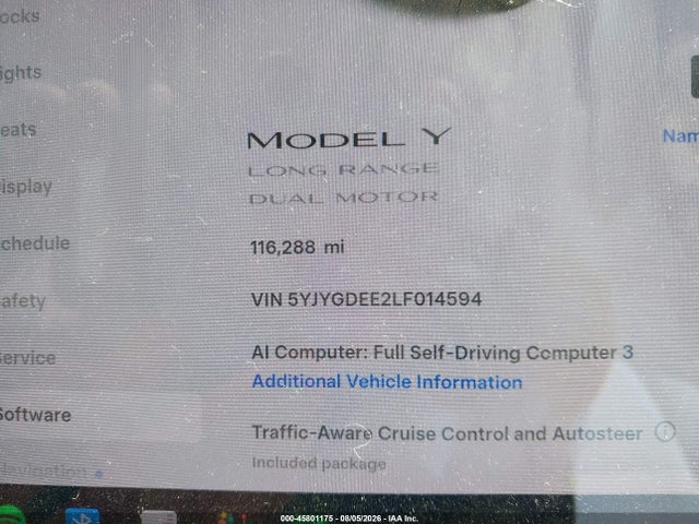 45801175 :رقم المزاد ، 5YJYGDEE2LF014594 vin ، 2020 Tesla Model Y Long Range Dual Motor All-wheel Drive مزاد بيع
