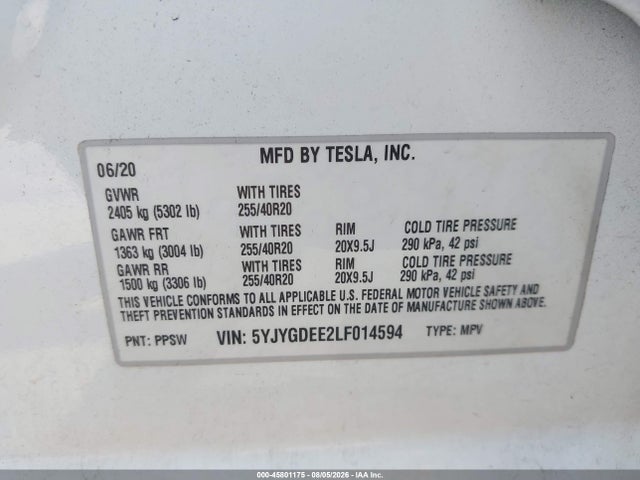 45801175 :رقم المزاد ، 5YJYGDEE2LF014594 vin ، 2020 Tesla Model Y Long Range Dual Motor All-wheel Drive مزاد بيع