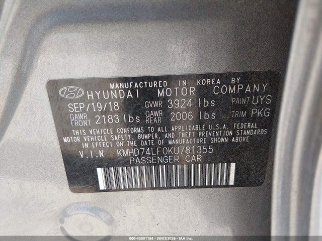 KMHD74LF0KU781355 Hyundai ELANTRA SE