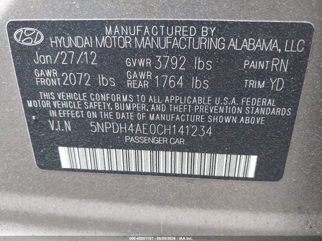Продаж на аукціоні авто 2012 Hyundai Elantra Gls, vin: 5NPDH4AE0CH141234, номер лоту: 45801191