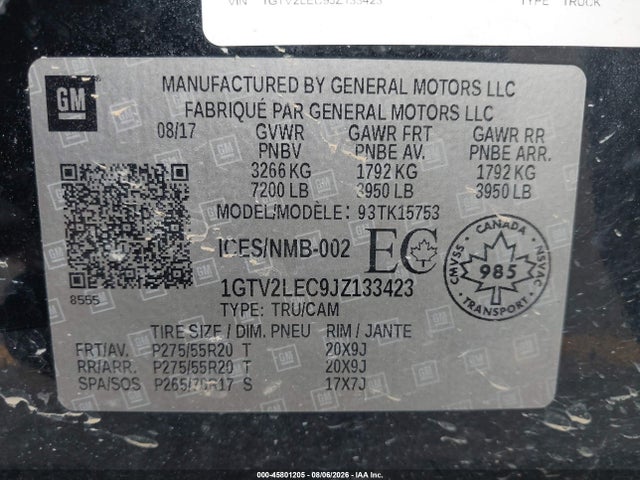 Aukcja sprzedaży 2018 Gmc Sierra 1500, vin: 1GTV2LEC9JZ133423, numer aukcji: 45801205