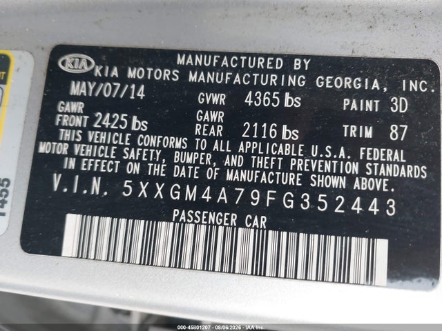 2015 Kia Optima Lx მანქანა იყიდება აუქციონზე, vin: 5XXGM4A79FG352443, აუქციონის ნომერი: 45801207