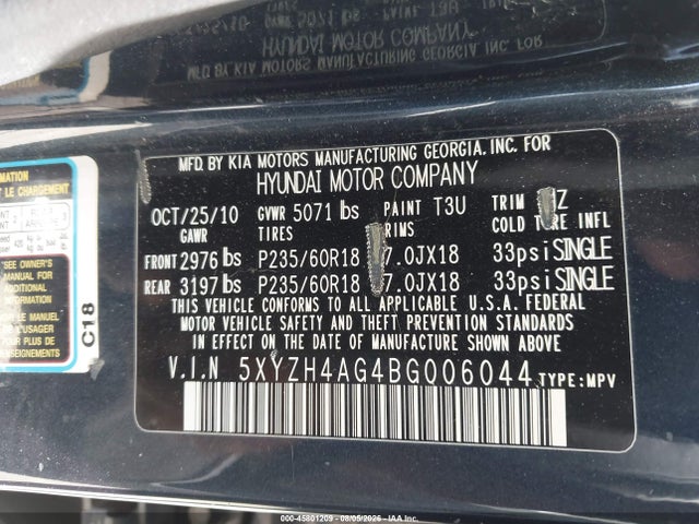 Продажа на аукционе авто 2011 Hyundai Santa Fe Se, vin: 5XYZH4AG4BG006044, номер лота: 45801209