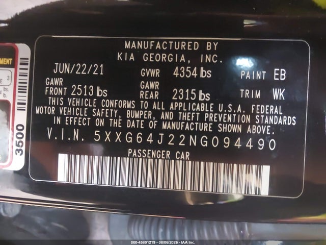 45801219 :رقم المزاد ، 5XXG64J22NG094490 vin ، 2022 Kia K5 Gt-line مزاد بيع