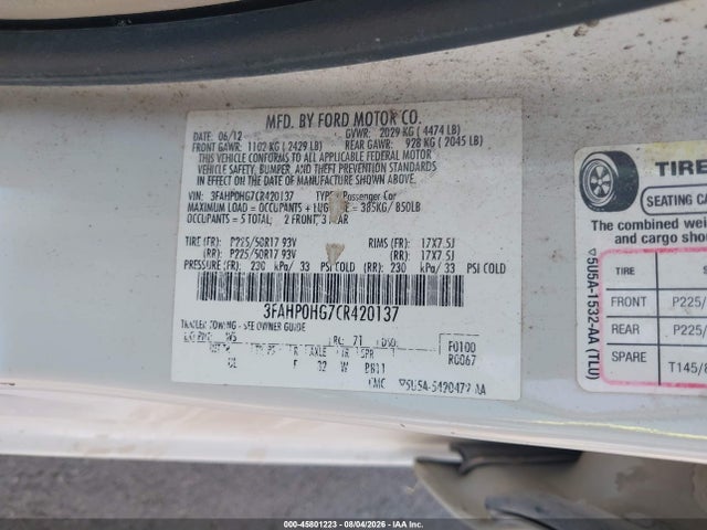 Продажа на аукционе авто 2012 Ford Fusion Se, vin: 3FAHP0HG7CR420137, номер лота: 45801223
