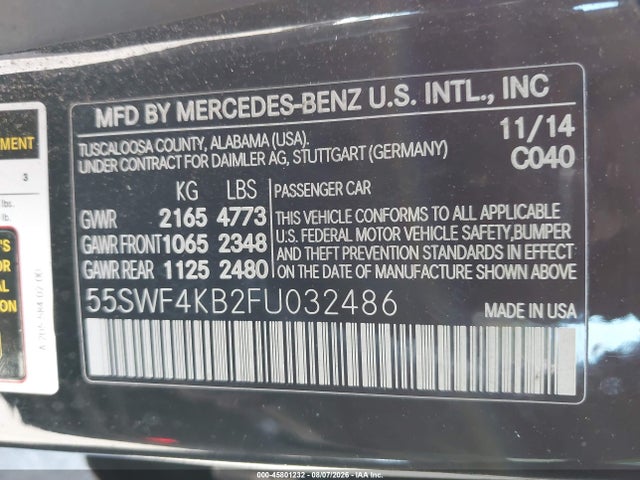 45801232 :رقم المزاد ، 55SWF4KB2FU032486 vin ، 2015 Mercedes-benz C 300 4matic مزاد بيع
