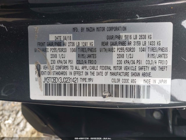 Aukcja sprzedaży 2018 Mazda Cx-9 Grand Touring, vin: JM3TCBDY3J0231421, numer aukcji: 45801236