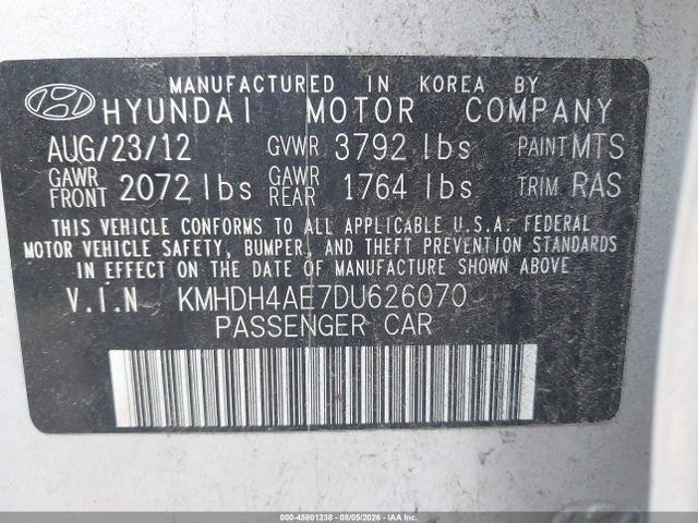 Auction sale of the 2013 Hyundai Elantra Gls, vin: KMHDH4AE7DU626070, lot number: 45801238