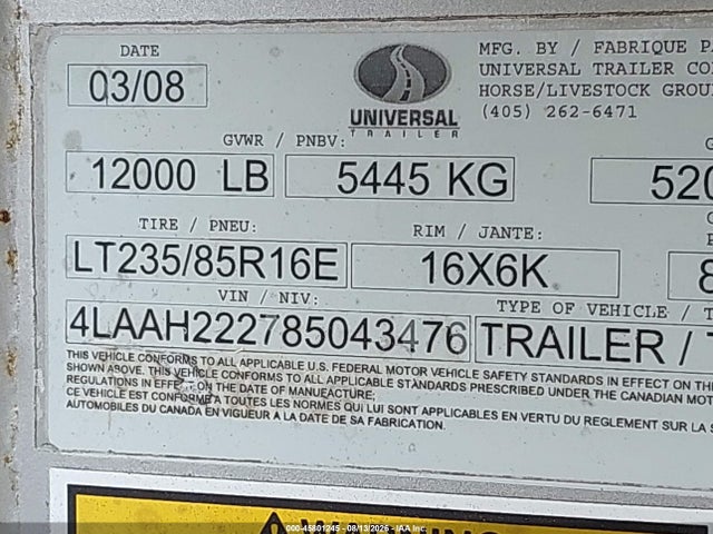 2008 Exxiss Aluminum Trailers Exxiss Aluminum Trailers მანქანა იყიდება აუქციონზე, vin: 4LAAH222785043476, აუქციონის ნომერი: 45801245