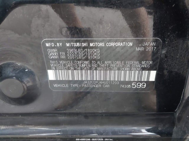 Продаж на аукціоні авто 2017 Mitsubishi Lancer Es/le, vin: JA32U2FU4HU011203, номер лоту: 45801246