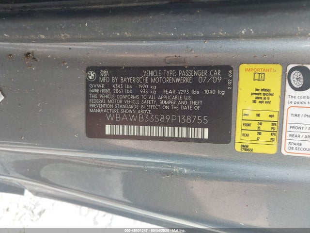 Продажа на аукционе авто 2009 Bmw 328i, vin: WBAWB33589P138755, номер лота: 45801247