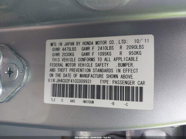 45801251 :رقم المزاد ، JH4CU2F41CC009931 vin ، 2012 Acura Tsx 2.4 مزاد بيع