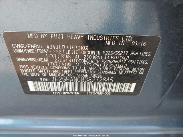 45801253 :رقم المزاد ، JF2GPANC8G8272845 vin ، 2016 Subaru Crosstrek 2.0i Limited مزاد بيع