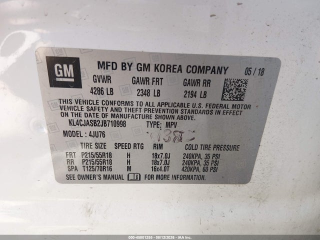 2018 Buick Encore Preferred მანქანა იყიდება აუქციონზე, vin: KL4CJASB2JB710998, აუქციონის ნომერი: 45801255