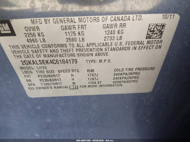 Aukcja sprzedaży 2012 Gmc Terrain Sle-2, vin: 2GKALSEK4C6184179, numer aukcji: 45801256