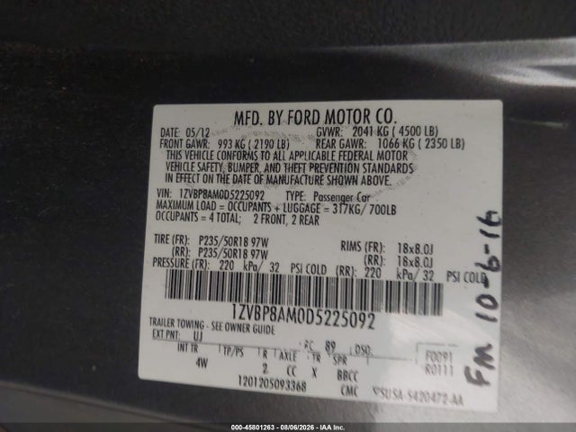 Продажа на аукционе авто 2013 Ford Mustang V6 Premium, vin: 1ZVBP8AM0D5225092, номер лота: 45801263