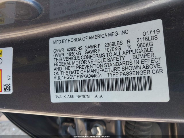 Aukcja sprzedaży 2019 Honda Accord Lx, vin: 1HGCV1F19KA044551, numer aukcji: 45801265