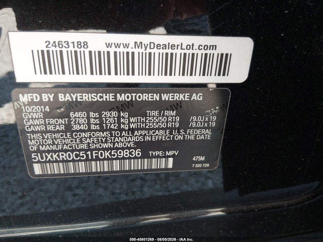 2015 Bmw X5 Xdrive35i მანქანა იყიდება აუქციონზე, vin: 5UXKR0C51F0K59836, აუქციონის ნომერი: 45801269