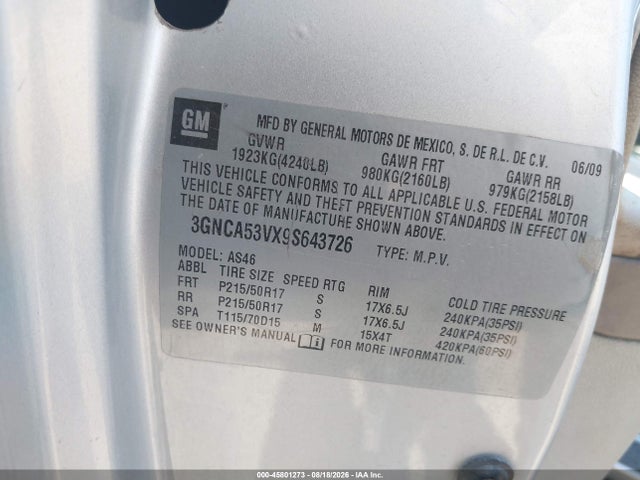 Aukcja sprzedaży 2009 Chevrolet Hhr Lt, vin: 3GNCA53VX9S643726, numer aukcji: 45801273