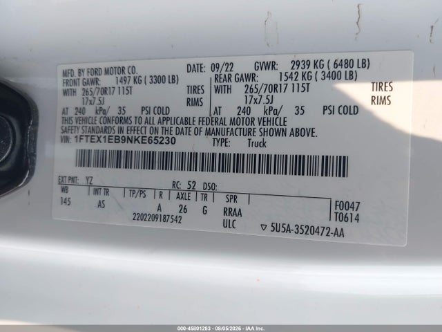 Ford F-150 Xl 2022 1FTEX1EB9NKE65230 Image 9