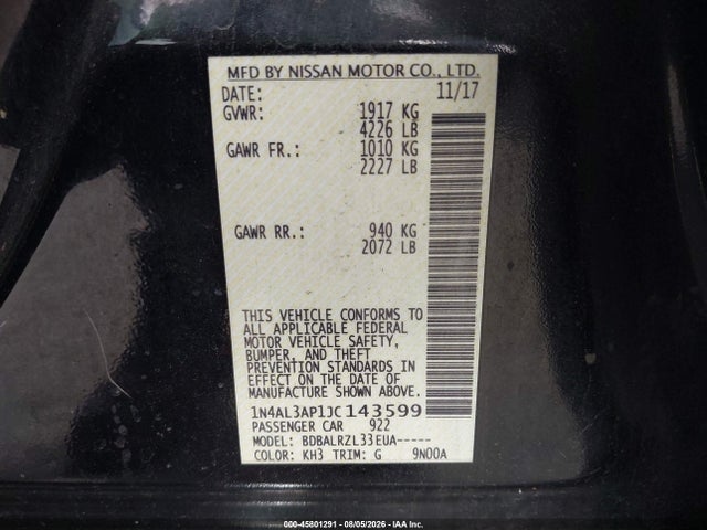 2018 Nissan Altima 2.5 Sl მანქანა იყიდება აუქციონზე, vin: 1N4AL3AP1JC143599, აუქციონის ნომერი: 45801291