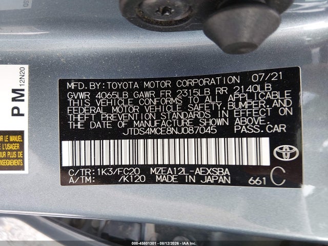 Aukcja sprzedaży 2022 Toyota Corolla Se, vin: JTDS4MCE8NJ087045, numer aukcji: 45801301