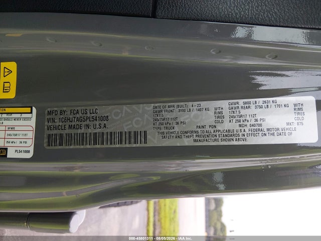 2023 Jeep Gladiator Sport S 4x4 მანქანა იყიდება აუქციონზე, vin: 1C6HJTAG5PL541008, აუქციონის ნომერი: 45801311