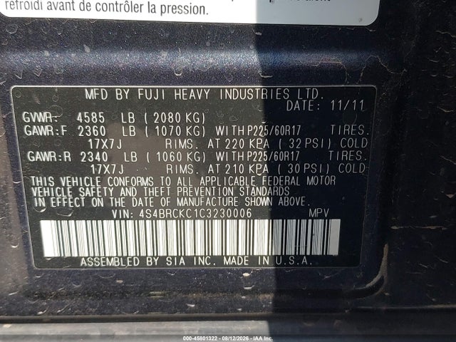45801322 :رقم المزاد ، 4S4BRCKC1C3230006 vin ، 2012 Subaru Outback 2.5i Limited مزاد بيع