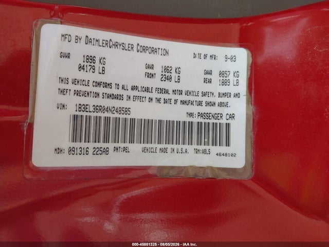 Продажа на аукционе авто 2004 Dodge Stratus Se, vin: 1B3EL36R04N248585, номер лота: 45801325