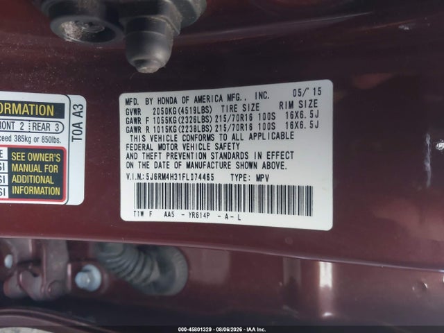 Aukcja sprzedaży 2015 Honda Cr-v Lx, vin: 5J6RM4H31FL074465, numer aukcji: 45801329