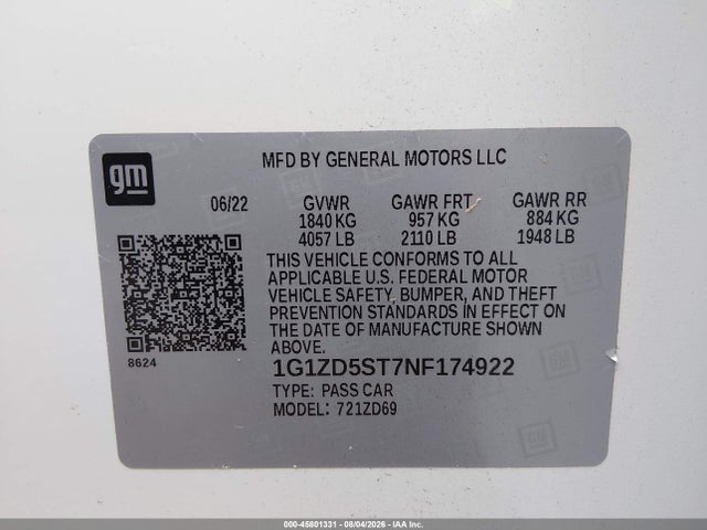 45801331 :رقم المزاد ، 1G1ZD5ST7NF174922 vin ، 2022 Chevrolet Malibu Fwd Lt مزاد بيع