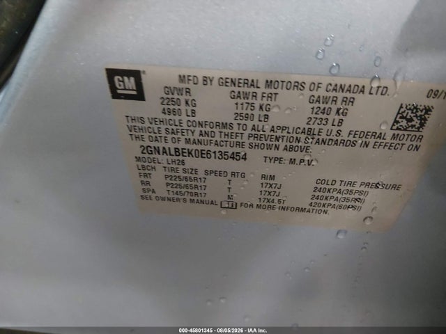 Aukcja sprzedaży 2014 Chevrolet Equinox Lt, vin: 2GNALBEK0E6135454, numer aukcji: 45801345