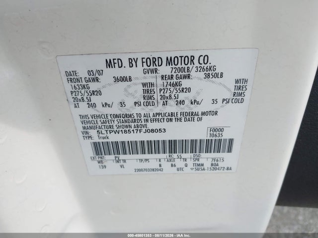 45801353 :رقم المزاد ، 5LTPW18517FJ08053 vin ، 2007 Lincoln Mark Lt مزاد بيع