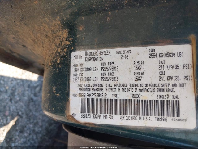 45801366 :رقم المزاد ، 1B7GL2AX8YS684812 vin ، 2000 Dodge Dakota Slt/sport مزاد بيع