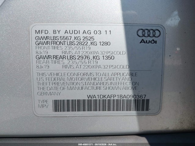 45801371 :رقم المزاد ، WA1DKAFP1BA090367 vin ، 2011 Audi Q5 3.2 Premium Plus مزاد بيع